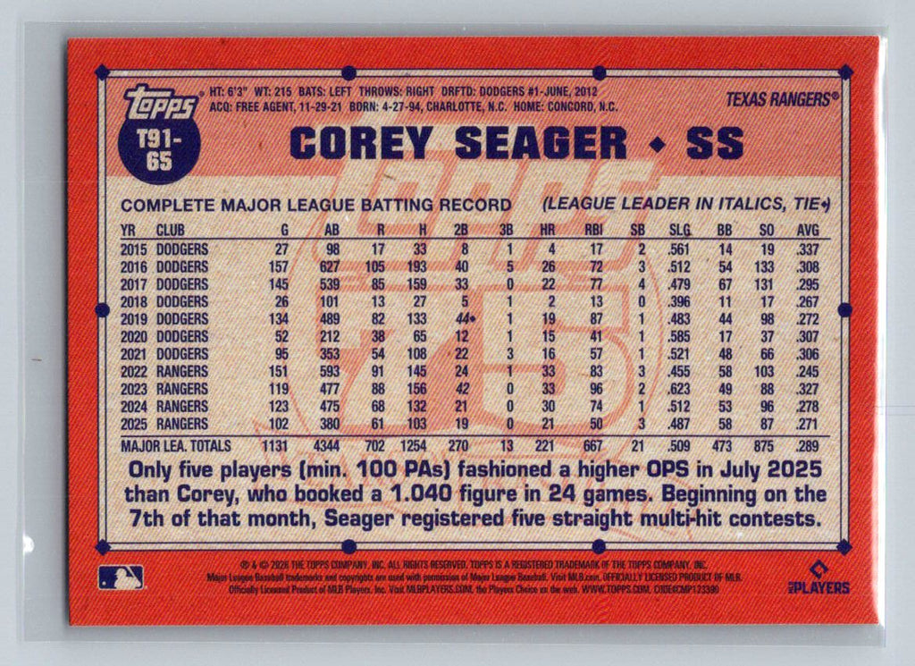 2026 Topps #T91-65 Corey Seager Topps Baseball 35th Anniversary (Series One