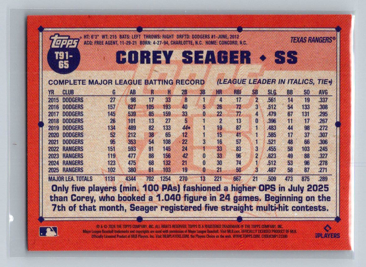 2026 Topps #T91-65 Corey Seager Topps Baseball 35th Anniversary (Series One