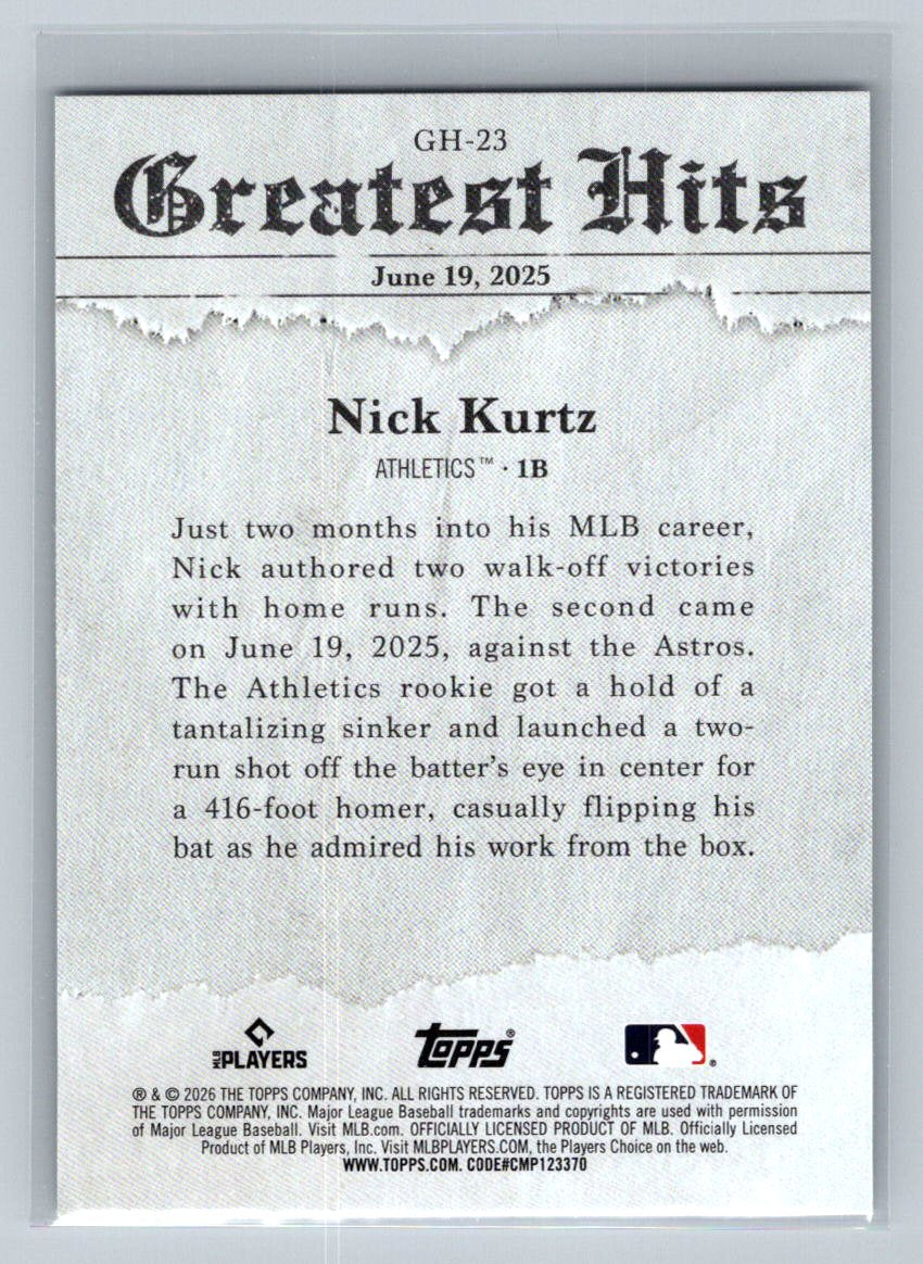 2026 Topps #GH-23 Nick Kurtz 2025 Greatest Hits Pink Foil