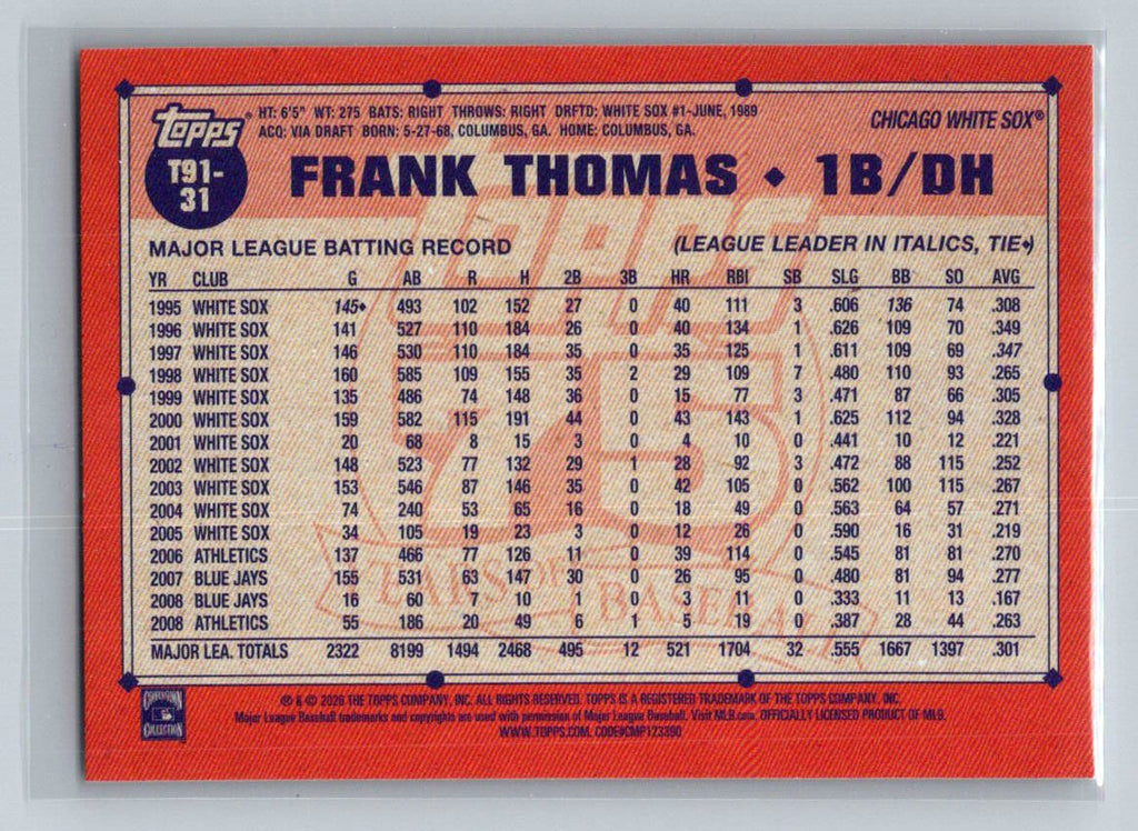 2026 Topps #T91-31 Frank Thomas Topps Baseball 35th Anniversary (Series One)