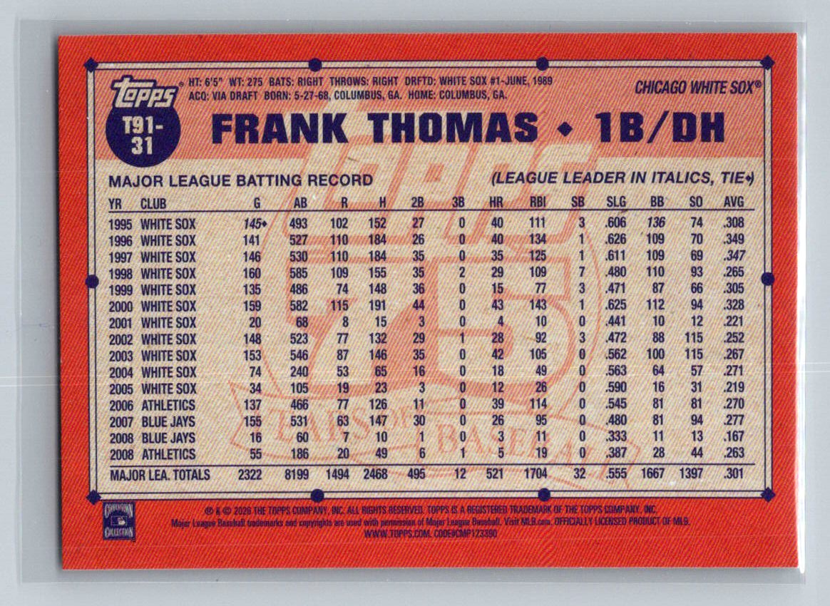 2026 Topps #T91-31 Frank Thomas Topps Baseball 35th Anniversary (Series One)