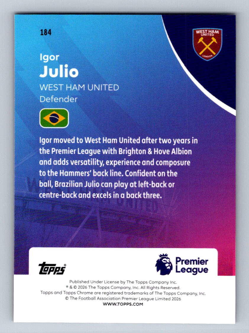 2026 Topps Chrome Premier League IGOR JULIO Purple RayWave /75 West Ham #184 (Back)