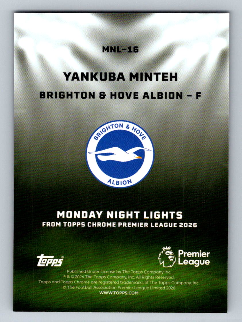 Yankuba Minteh 2026 Topps Chrome Premier League Monday Night Lights MNL-16 NM (Back)