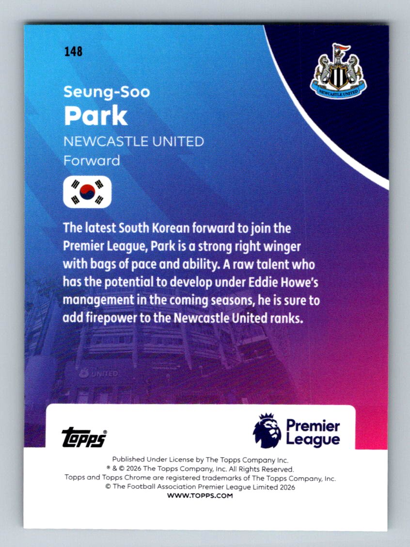 2025-26 Topps Chrome Premier League Seung-Soo Park RC Aqua Refractor /199 (Back)