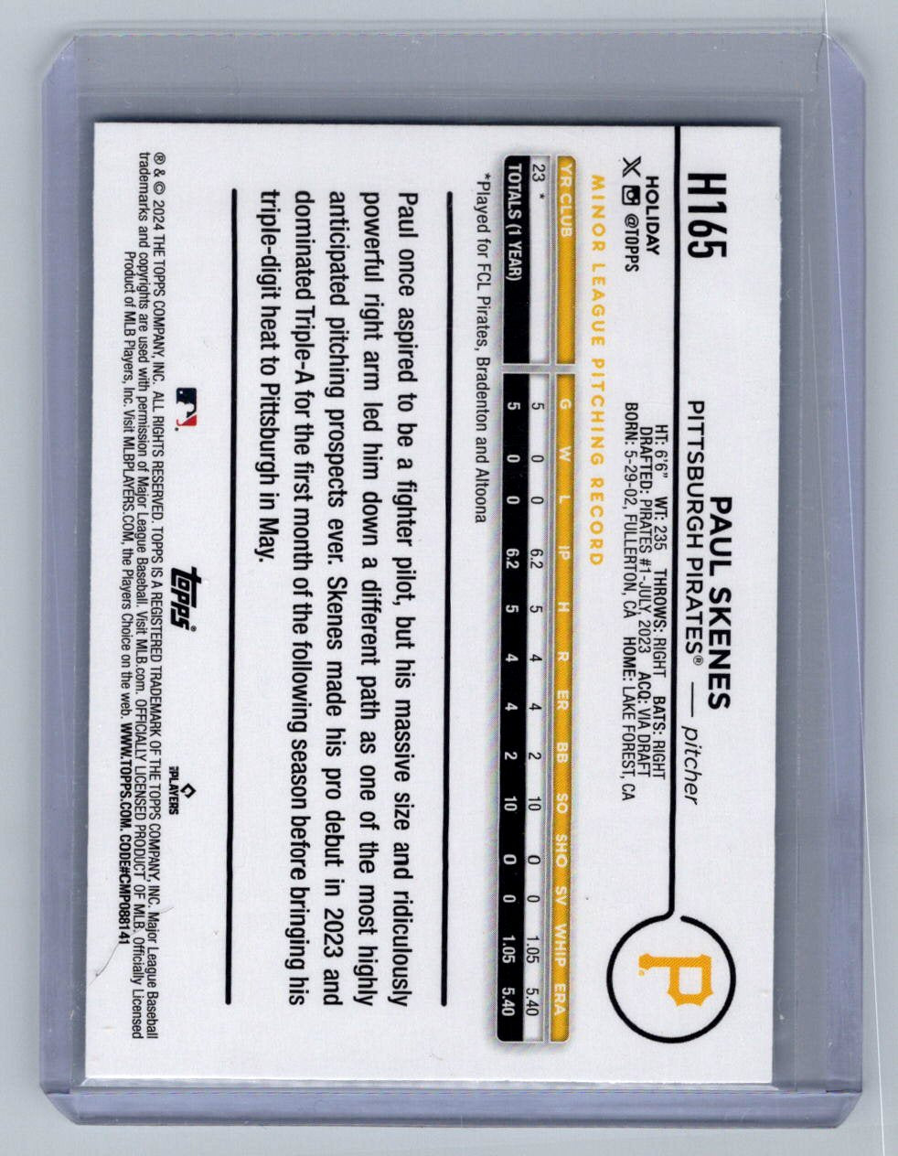 PAUL SKENES- 2024 Topps Holiday🔥ROOKIE CARD🔥#H165