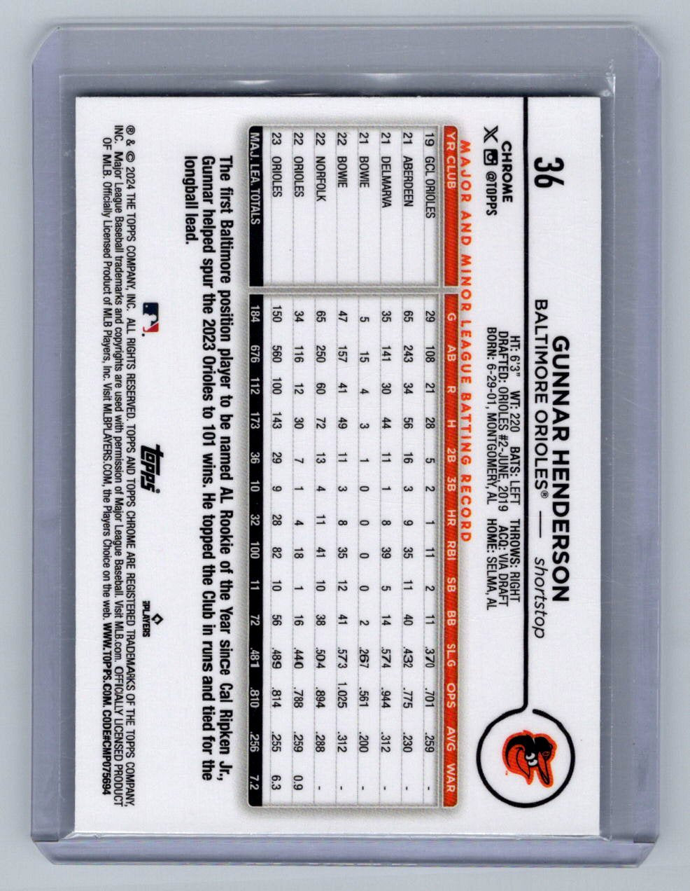 2024 Topps Chrome #36 GUNNAR HENDERSON Sepia Refractor Rookie Gold Cup