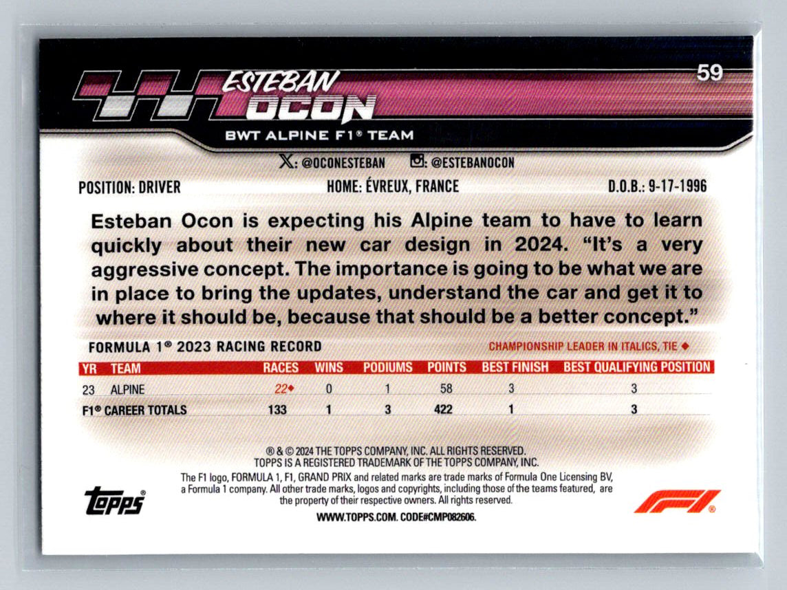 2024 Topps Formula 1 Paddock Pass Esteban Ocon