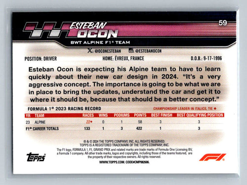 2024 Topps Formula 1 Paddock Pass Esteban Ocon