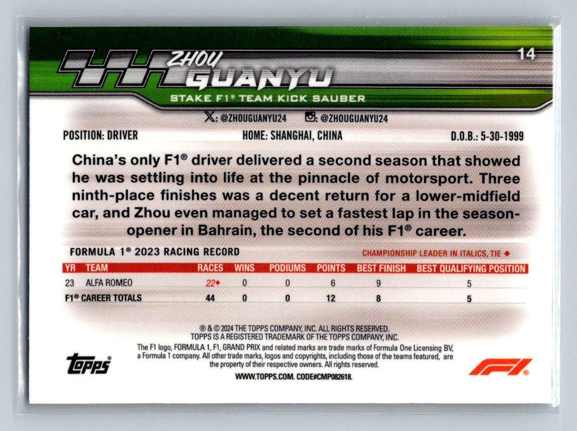 Zhou Guanyu 2024 Paddock Pass Formula 1 #14a Chrome Stake F1 Team KICK Sauber