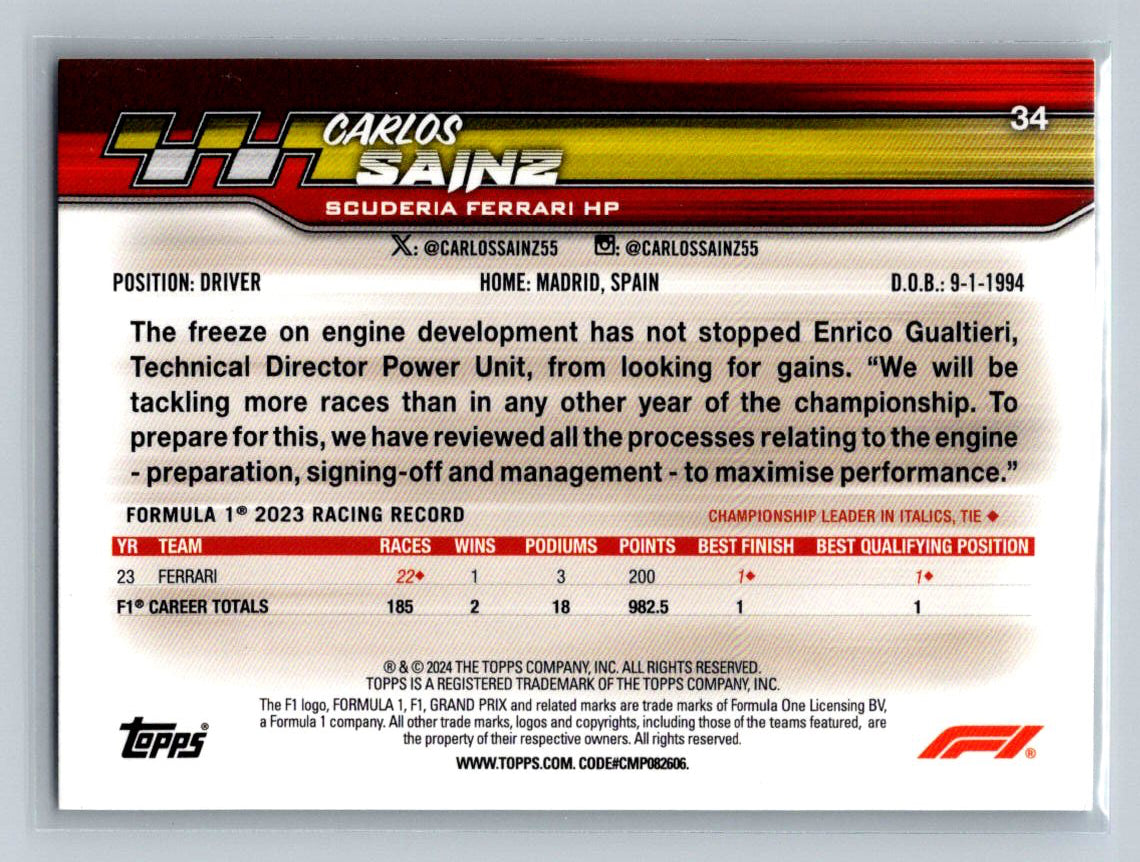 Carlos Sainz 2024 Topps Paddock Pass Formula 1 Sepia #34 Scuderia Ferrari