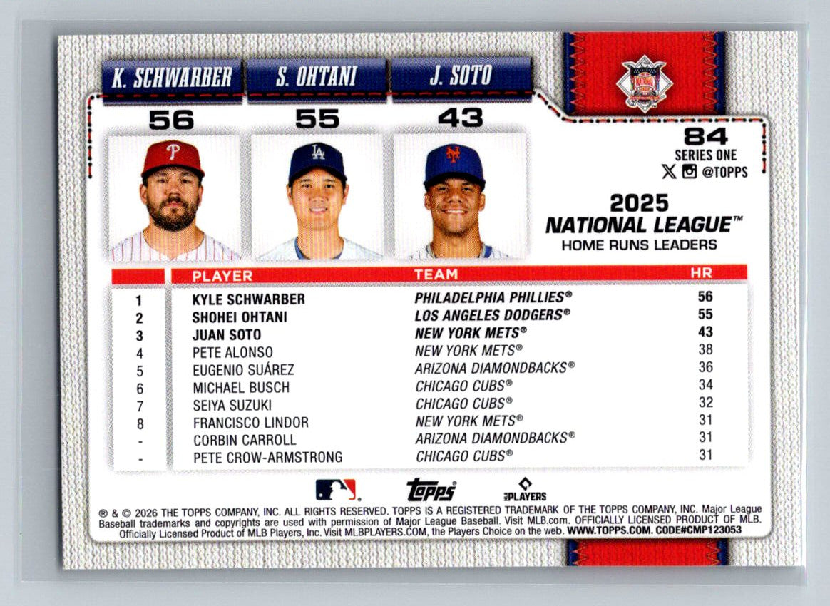 2026 Topps #84 League Leaders HRs Kyle Schwarber / Shohei Ohtani / Juan Soto2026 Topps #84 League Leaders HRs Kyle Schwarber / Shohei Ohtani / Juan Soto US $1.49