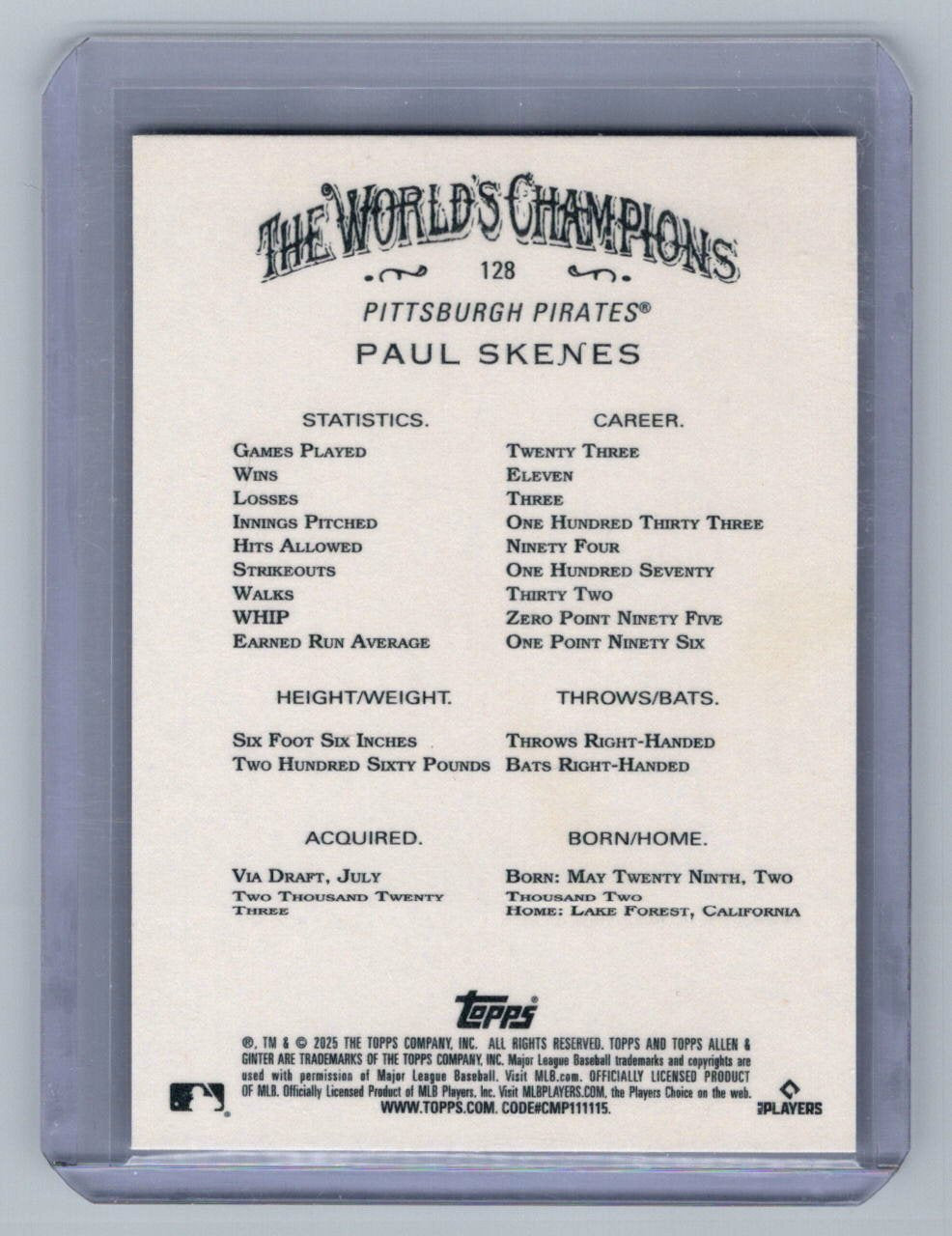 2025 Topps Allen & Ginter Paul Skenes Silver Filagree Pirates #128