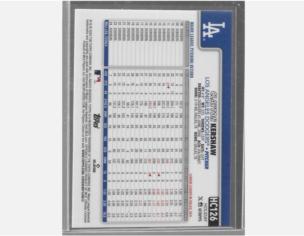 2025 Topps Holiday ~ Clayton Kershaw #H126 ~ Blue Chrome /199 ~ Dodgers