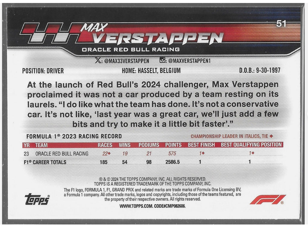 2024 Topps Paddock Pass Formula 1 #51 Max Verstappen Red Foil