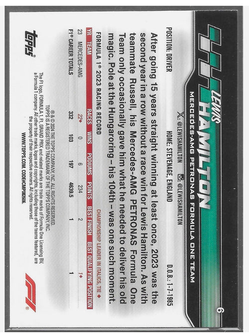 2024 Topps Paddock Pass Formula 1 #6b Lewis Hamilton Red Foil