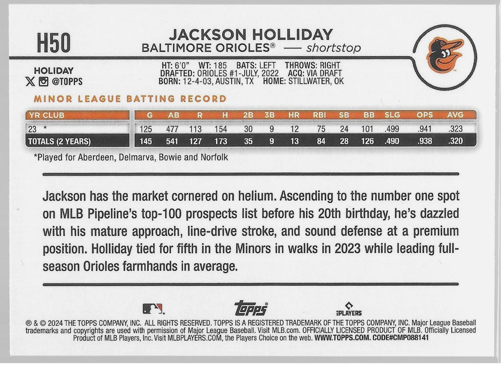 2024 Topps Holiday #H50 Jackson Holliday Silver Glitter