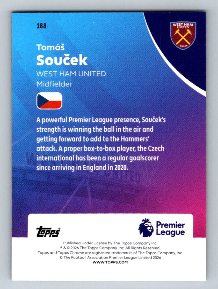 2026 Topps Chrome Premier League  Tomas Soucek Gold Wave /275 (Back)
